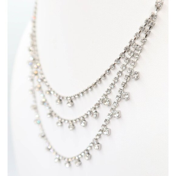 Silver Tone Three Strand Rhinestone Necklace Bridal Prom Formal Sparkle Unsigned - Picture 4 of 6